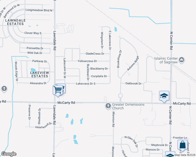 map of restaurants, bars, coffee shops, grocery stores, and more near 5641 Corydalis Drive in Saginaw