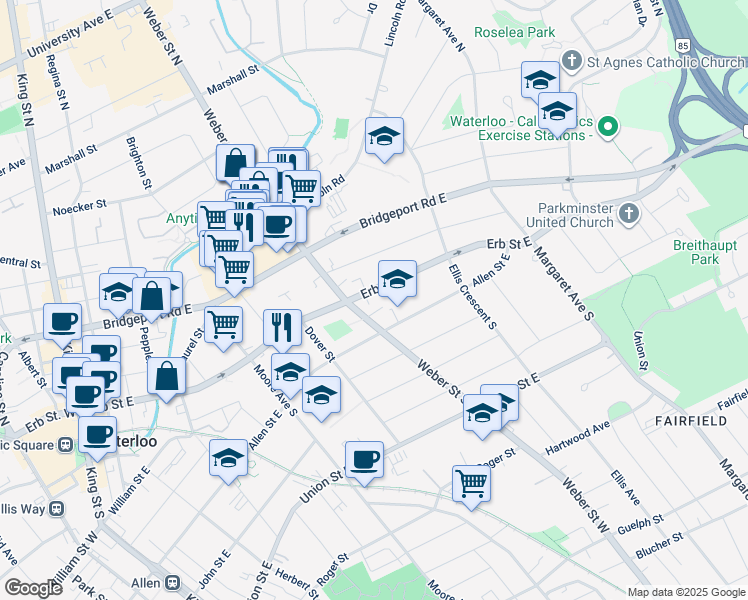 map of restaurants, bars, coffee shops, grocery stores, and more near 187 Erb Street East in Waterloo