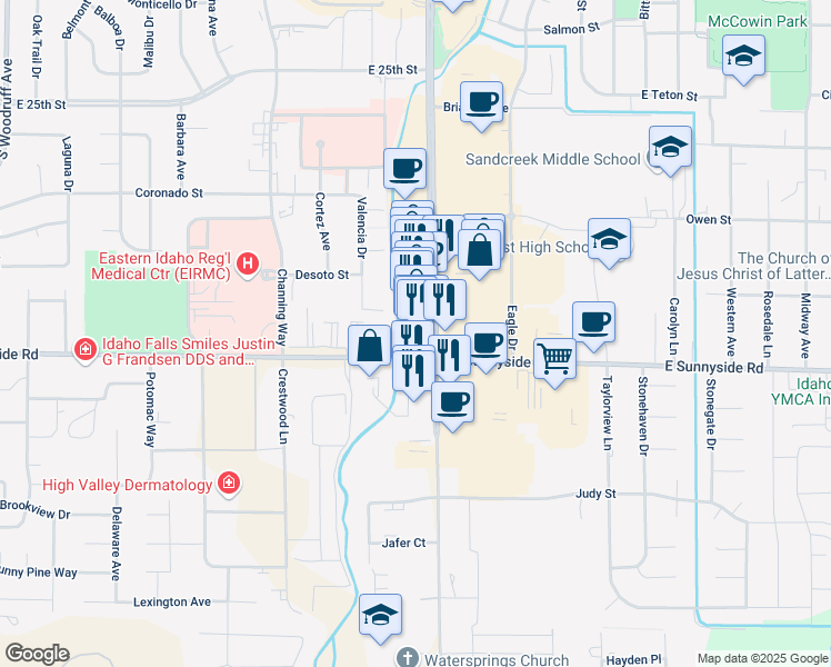 map of restaurants, bars, coffee shops, grocery stores, and more near 3202 South 25th East in Idaho Falls