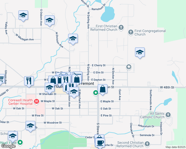 map of restaurants, bars, coffee shops, grocery stores, and more near 222 East Elm Street in Fremont