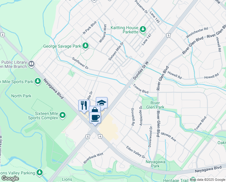 map of restaurants, bars, coffee shops, grocery stores, and more near 405 Dundas Street West in Oakville
