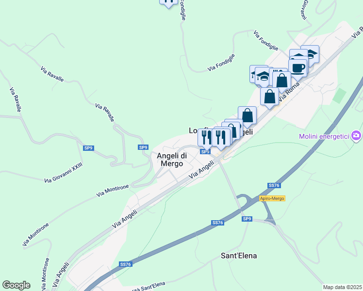 map of restaurants, bars, coffee shops, grocery stores, and more near 36 Via Giacomo Matteotti in Angeli di Mergo
