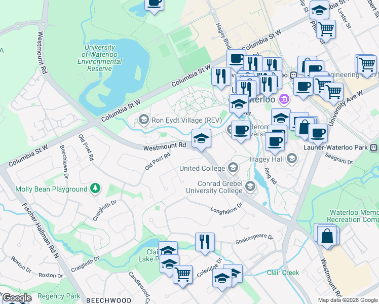 map of restaurants, bars, coffee shops, grocery stores, and more near 235 Old Post Road in Waterloo