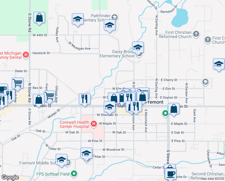 map of restaurants, bars, coffee shops, grocery stores, and more near 122 West Elm Street in Fremont