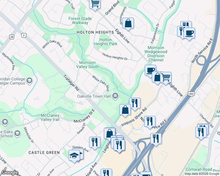 map of restaurants, bars, coffee shops, grocery stores, and more near 1231 White Oaks Boulevard in Oakville