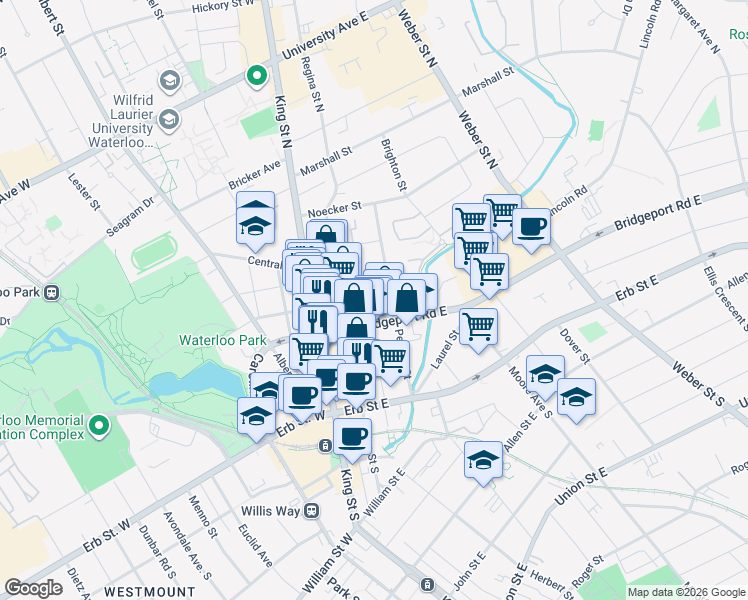 map of restaurants, bars, coffee shops, grocery stores, and more near 55 Peppler Street in Waterloo