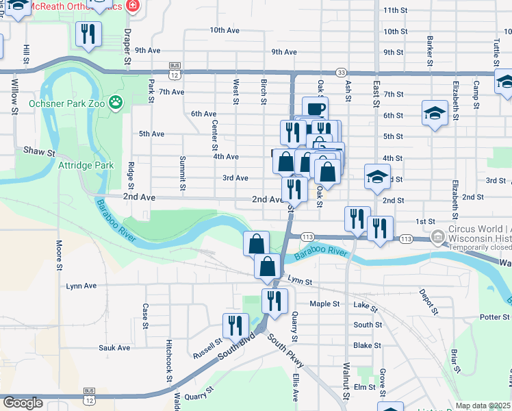 map of restaurants, bars, coffee shops, grocery stores, and more near 309 Birch Street in Baraboo