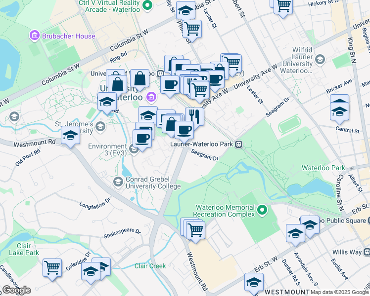 map of restaurants, bars, coffee shops, grocery stores, and more near University Avenue West in Waterloo