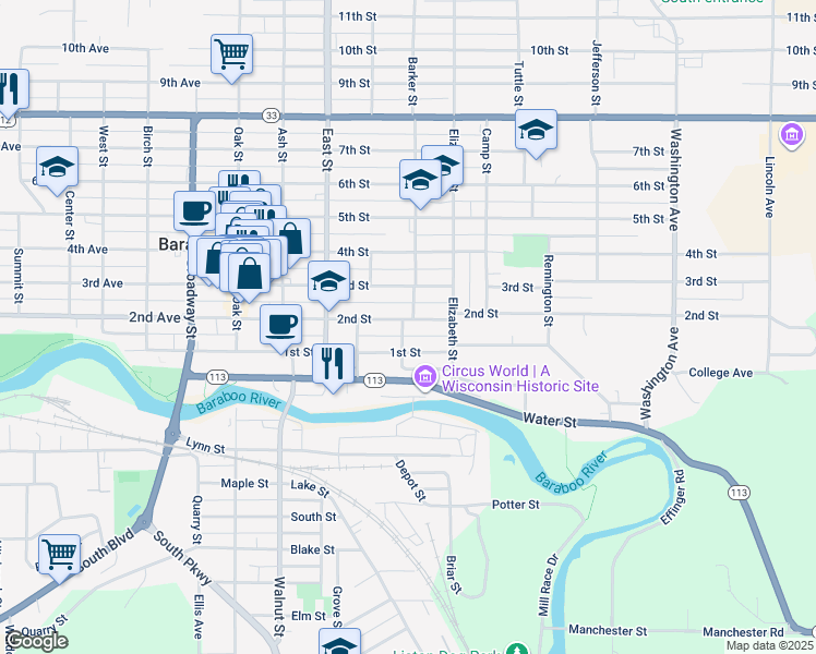 map of restaurants, bars, coffee shops, grocery stores, and more near 502 2nd Street in Baraboo