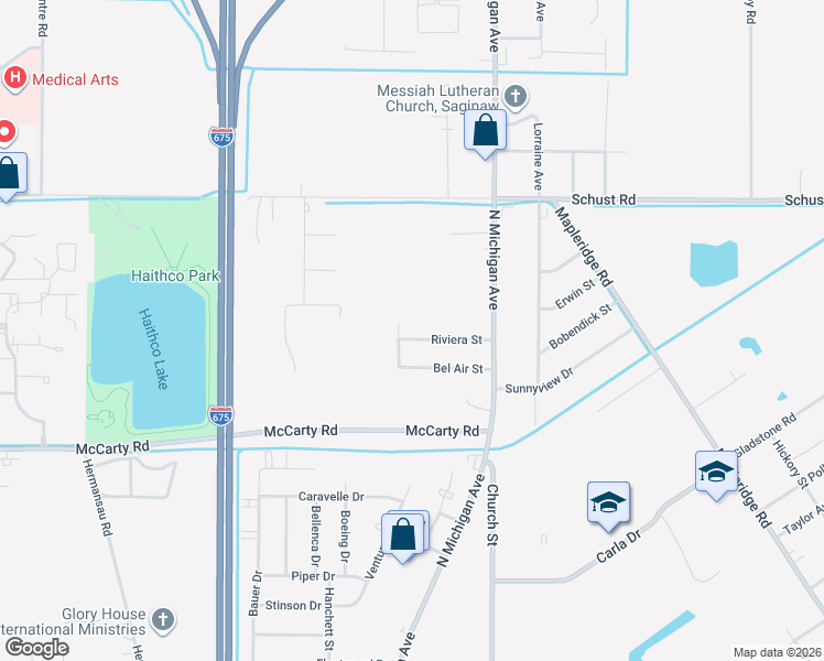map of restaurants, bars, coffee shops, grocery stores, and more near 1664 Riviera Street in Saginaw