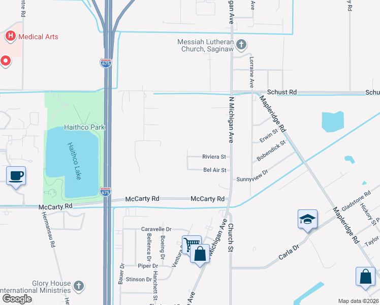 map of restaurants, bars, coffee shops, grocery stores, and more near 1664 Riviera Street in Saginaw