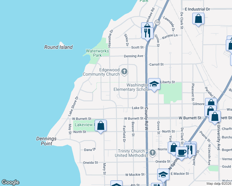 map of restaurants, bars, coffee shops, grocery stores, and more near 1112 West Circle Drive in Beaver Dam