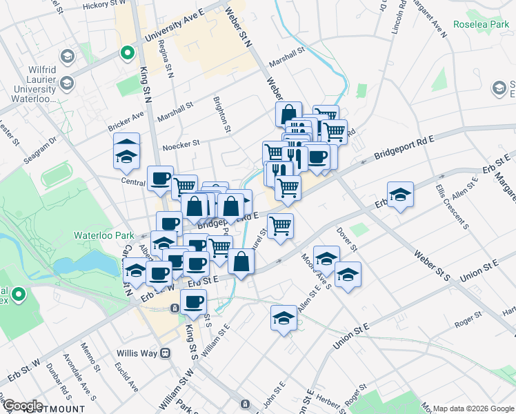 map of restaurants, bars, coffee shops, grocery stores, and more near 202-60 Bridgeport Road East in Waterloo
