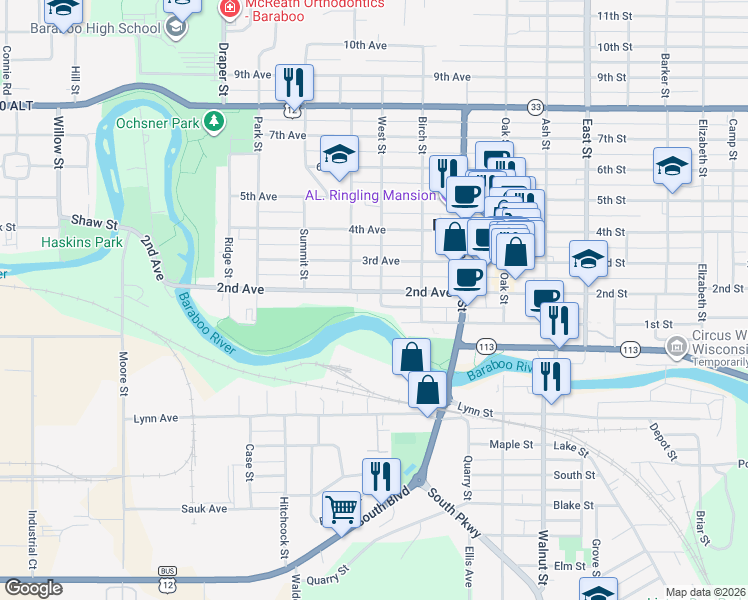 map of restaurants, bars, coffee shops, grocery stores, and more near 405 2nd Avenue in Baraboo