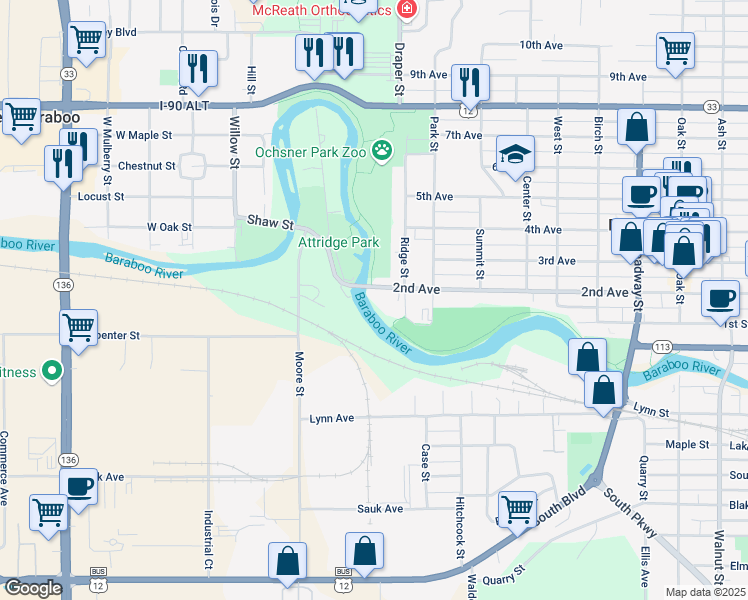 map of restaurants, bars, coffee shops, grocery stores, and more near 825 2nd Avenue in Baraboo