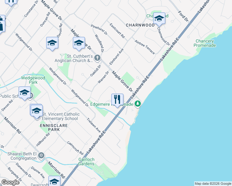 map of restaurants, bars, coffee shops, grocery stores, and more near Caulder Drive in Oakville