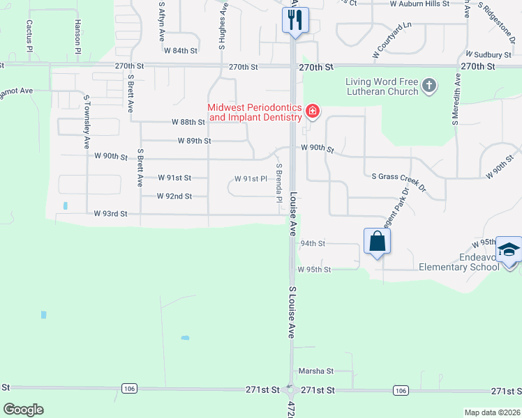 map of restaurants, bars, coffee shops, grocery stores, and more near 3605 West 93rd Street in Sioux Falls