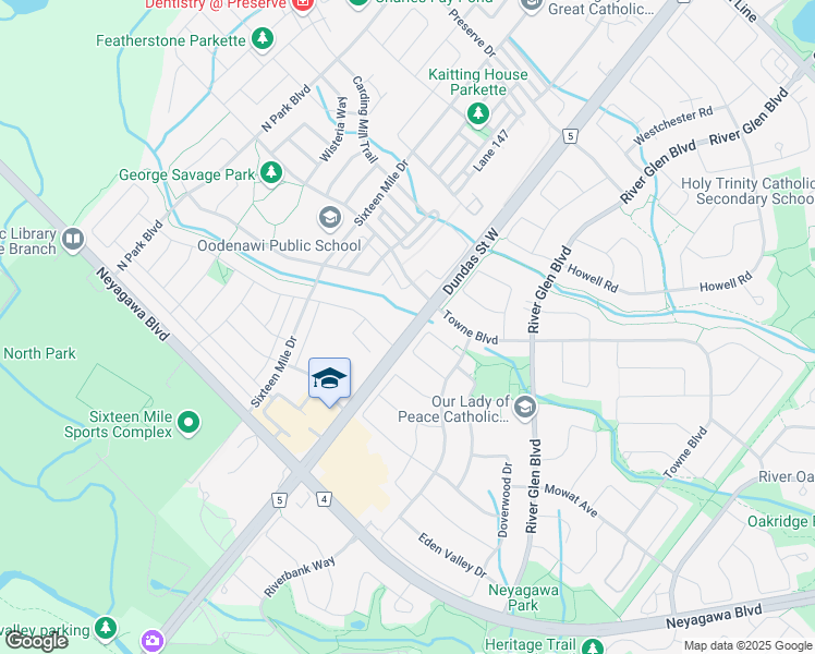 map of restaurants, bars, coffee shops, grocery stores, and more near in Oakville