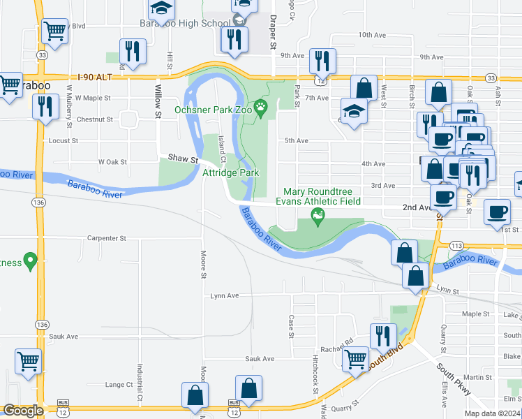map of restaurants, bars, coffee shops, grocery stores, and more near 825 2nd Avenue in Baraboo