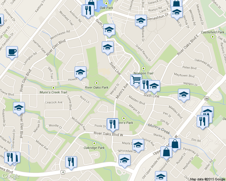 map of restaurants, bars, coffee shops, grocery stores, and more near 2256 Margot Street in Oakville