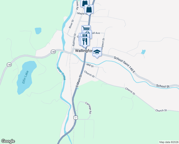 map of restaurants, bars, coffee shops, grocery stores, and more near 82 Church Street in Wallingford