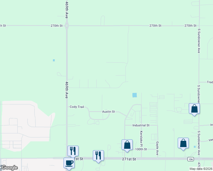 map of restaurants, bars, coffee shops, grocery stores, and more near 46926 Austin Street in Tea