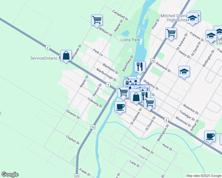 map of restaurants, bars, coffee shops, grocery stores, and more near 11 Victoria Street in Mitchell