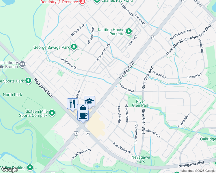 map of restaurants, bars, coffee shops, grocery stores, and more near 393 Dundas Street West in Oakville