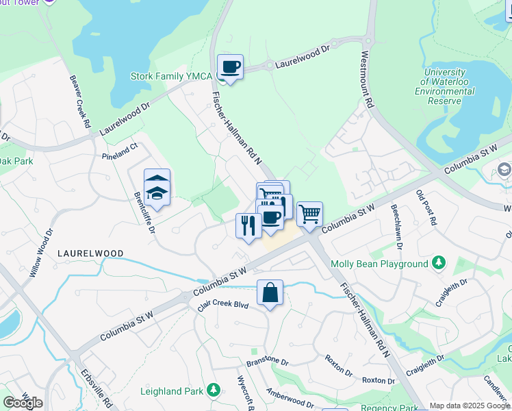 map of restaurants, bars, coffee shops, grocery stores, and more near 434 Gatestone Boulevard in Waterloo