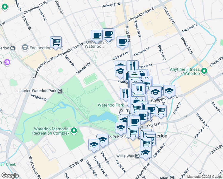 map of restaurants, bars, coffee shops, grocery stores, and more near in Waterloo