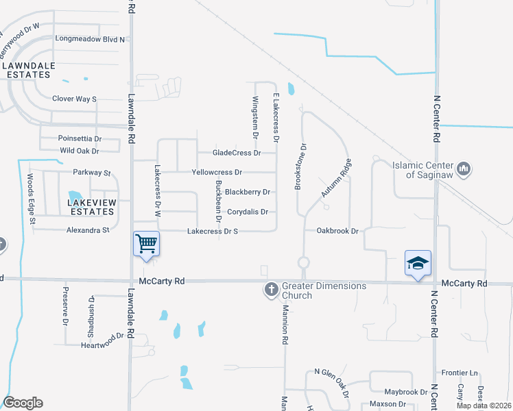 map of restaurants, bars, coffee shops, grocery stores, and more near 5641 Corydalis Drive in Saginaw