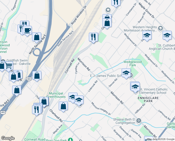 map of restaurants, bars, coffee shops, grocery stores, and more near 460 Morrison Road in Oakville
