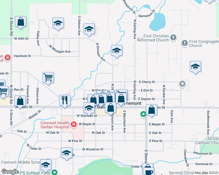map of restaurants, bars, coffee shops, grocery stores, and more near 15 West Dayton Street in Fremont