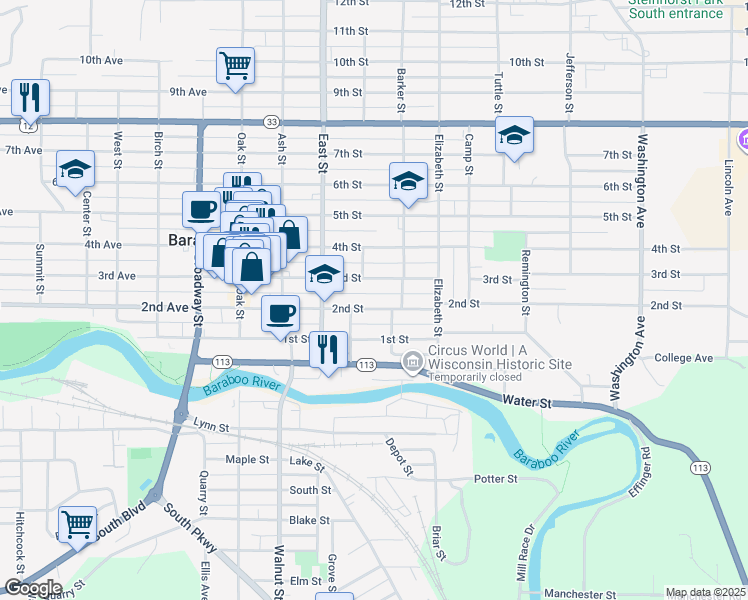 map of restaurants, bars, coffee shops, grocery stores, and more near 314 Rosaline Street in Baraboo