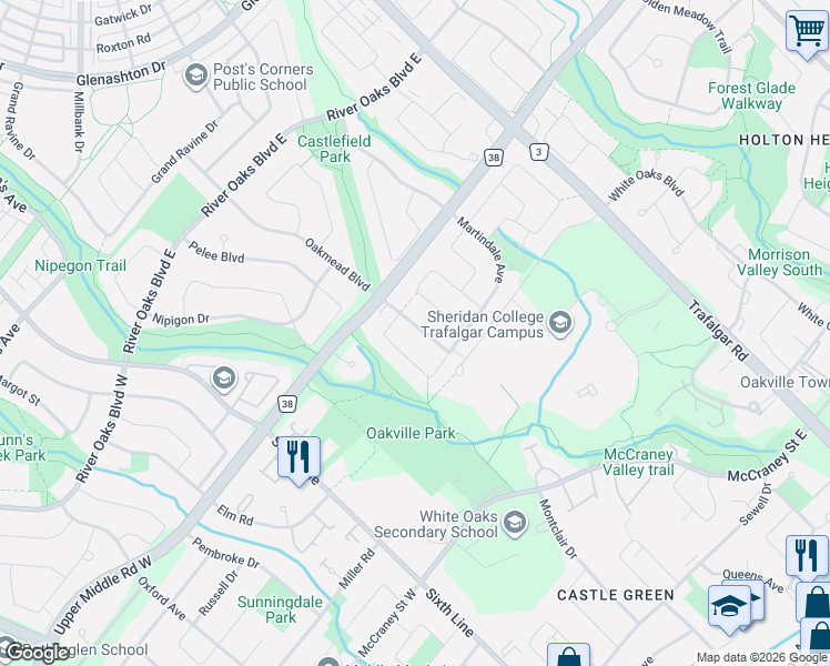 map of restaurants, bars, coffee shops, grocery stores, and more near in Oakville