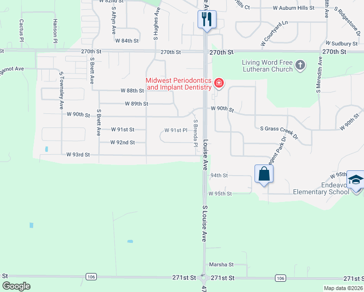 map of restaurants, bars, coffee shops, grocery stores, and more near 3605 West 93rd Street in Sioux Falls
