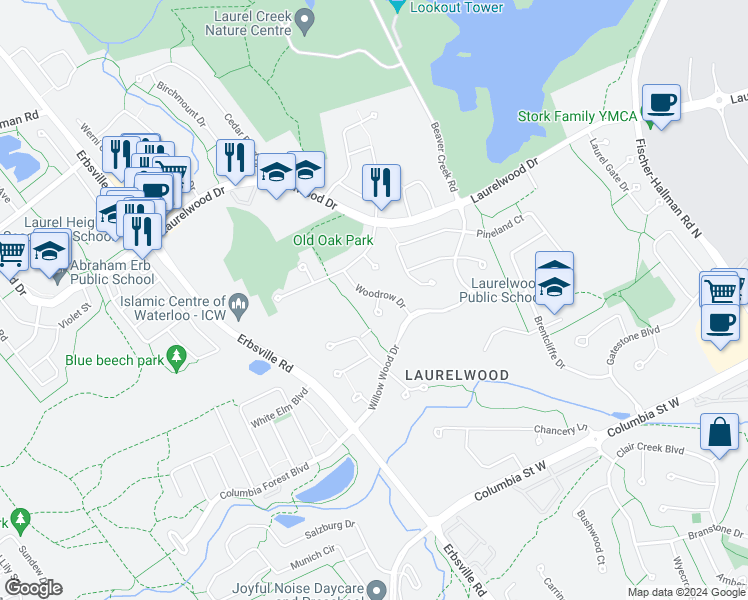 map of restaurants, bars, coffee shops, grocery stores, and more near 301 Woodrow Place in Waterloo