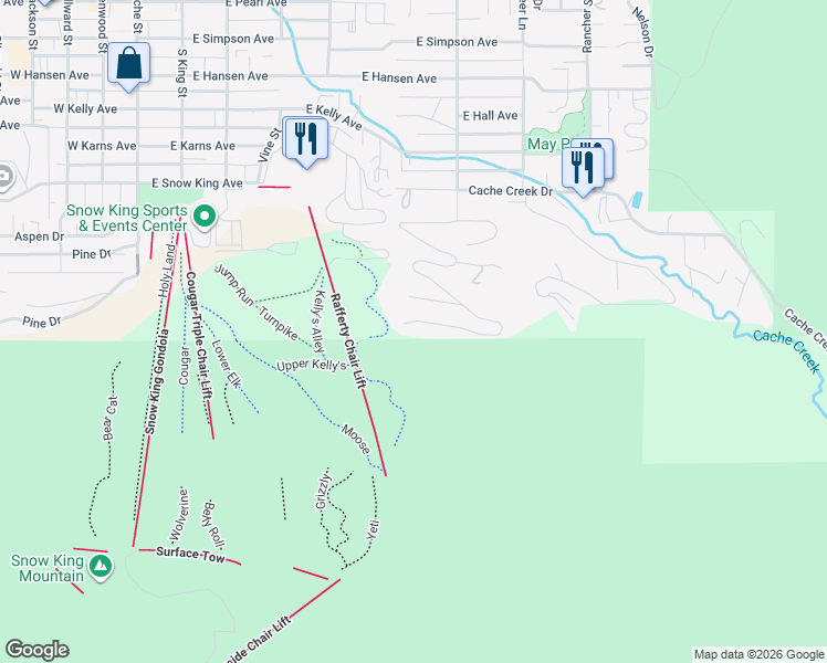 map of restaurants, bars, coffee shops, grocery stores, and more near 970 Snow King Drive in Jackson