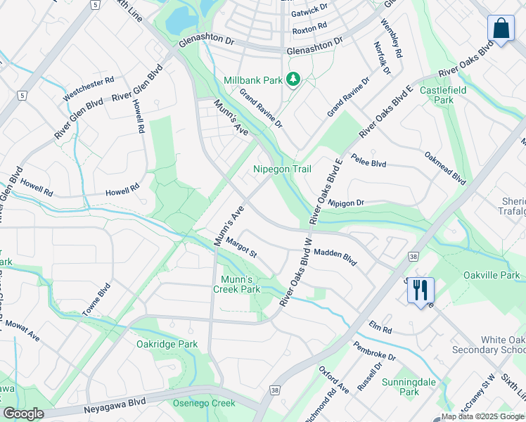 map of restaurants, bars, coffee shops, grocery stores, and more near 2199 Sixth Line in Oakville