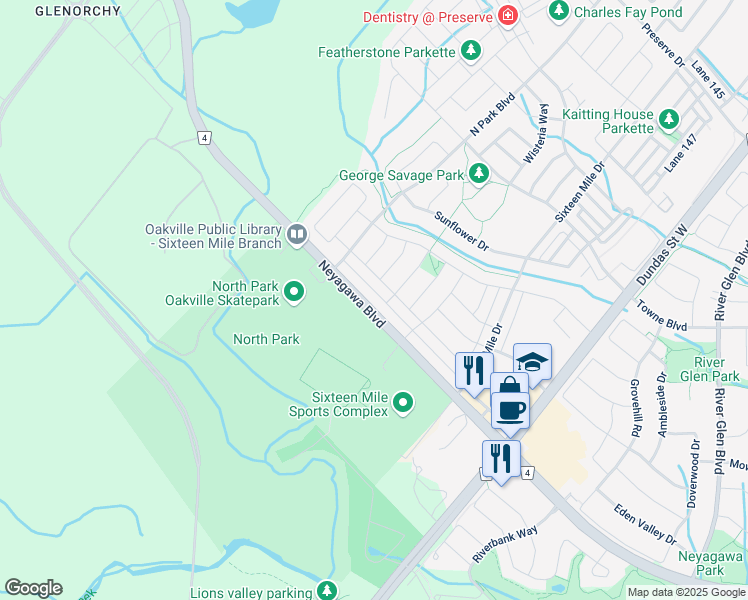 map of restaurants, bars, coffee shops, grocery stores, and more near 3189 Neyagawa Boulevard in Oakville