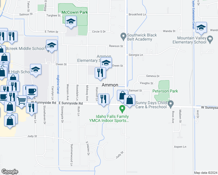 map of restaurants, bars, coffee shops, grocery stores, and more near 3095 Central Avenue in Ammon