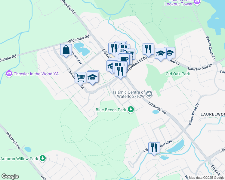 map of restaurants, bars, coffee shops, grocery stores, and more near 27 Laurelwood Drive in Waterloo