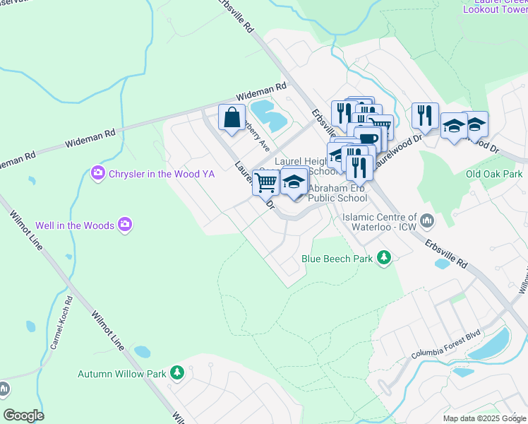 map of restaurants, bars, coffee shops, grocery stores, and more near 640 Violet Street in Waterloo