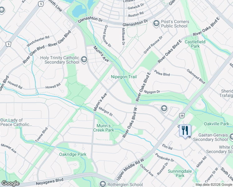 map of restaurants, bars, coffee shops, grocery stores, and more near 2199 Sixth Line in Oakville