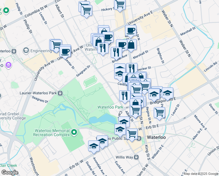 map of restaurants, bars, coffee shops, grocery stores, and more near 338 Albert Street in Waterloo