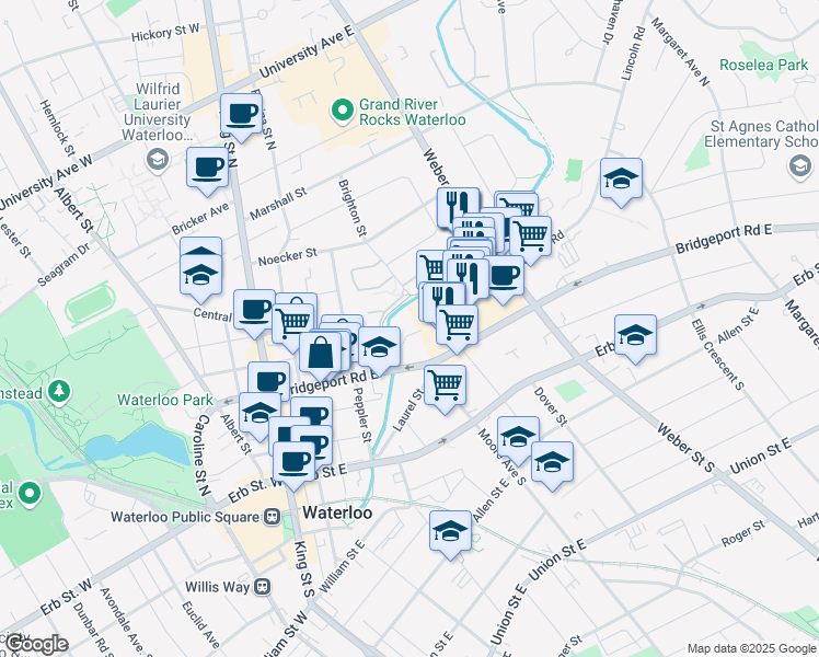 map of restaurants, bars, coffee shops, grocery stores, and more near 58 Bridgeport Road East in Waterloo