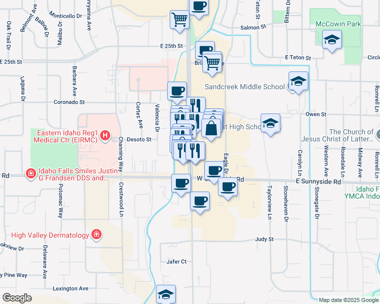 map of restaurants, bars, coffee shops, grocery stores, and more near 3175 South 25th East in Idaho Falls