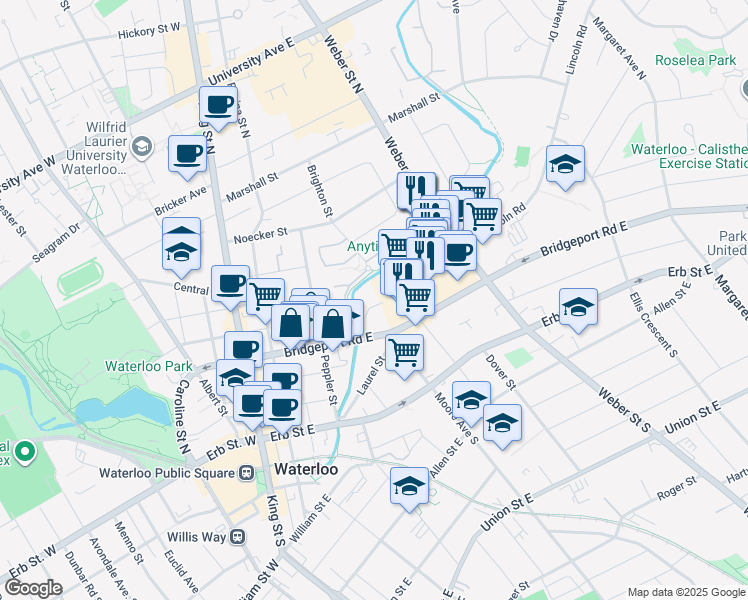 map of restaurants, bars, coffee shops, grocery stores, and more near 58 Bridgeport Road East in Waterloo