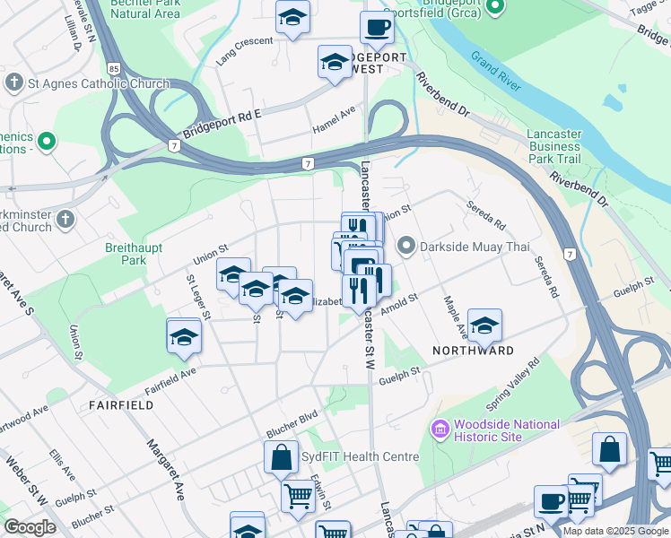 map of restaurants, bars, coffee shops, grocery stores, and more near 54 Bond Street in Kitchener