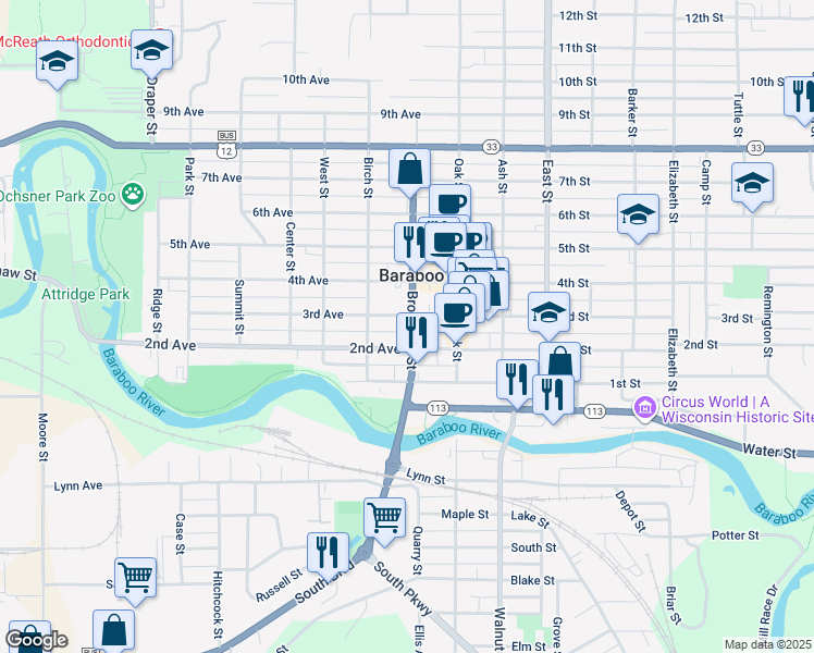 map of restaurants, bars, coffee shops, grocery stores, and more near 505 Broadway Street in Baraboo